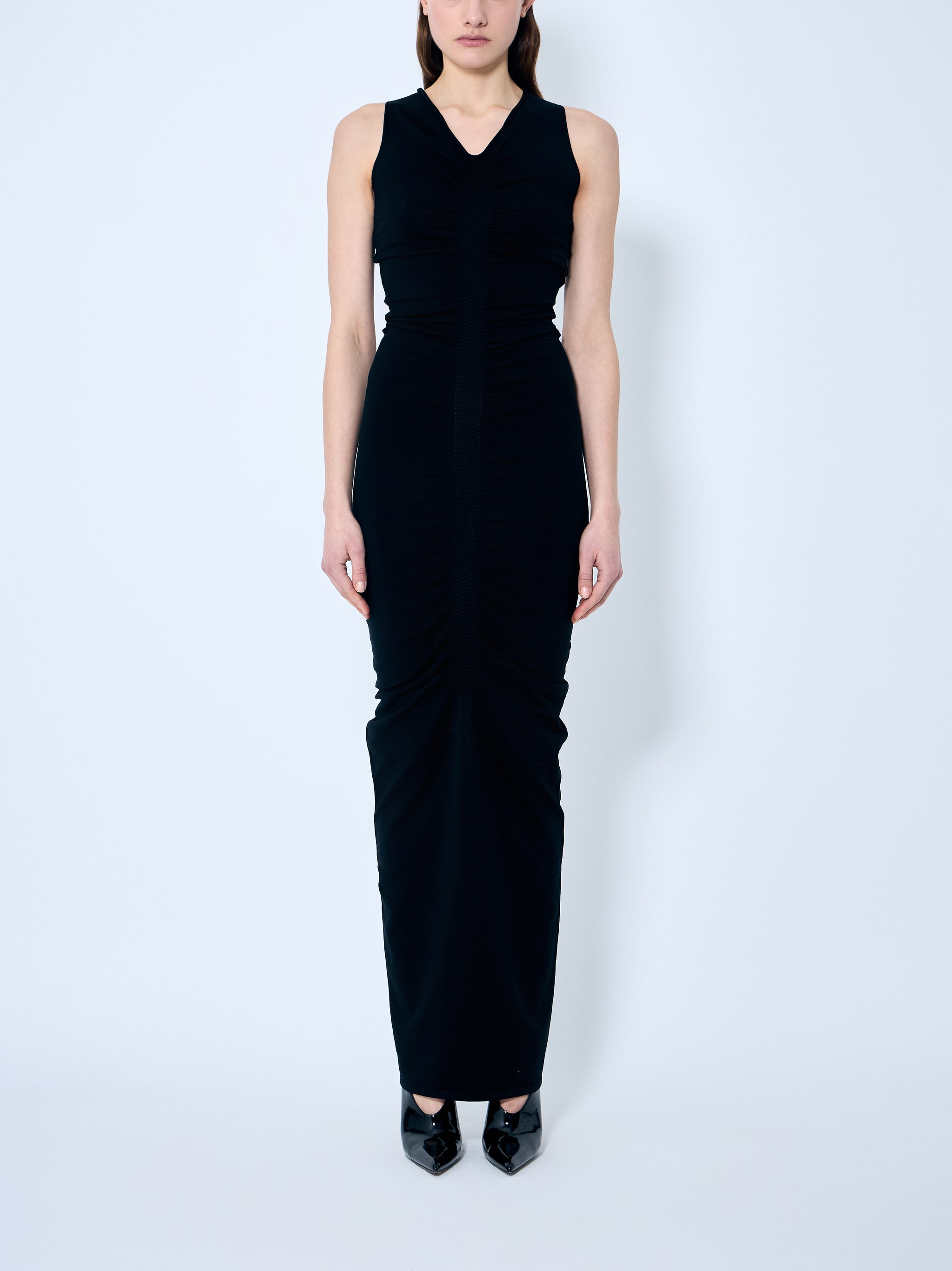 Ruched Wide V Neck Maxi Dress