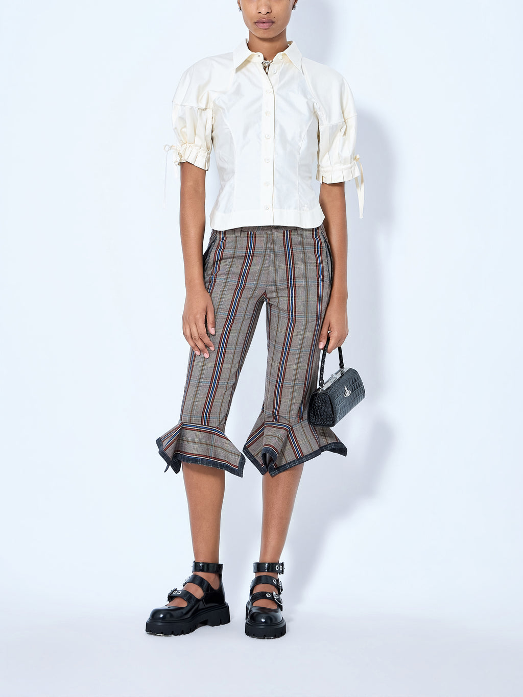 Flared Plaid Cropped Trousers