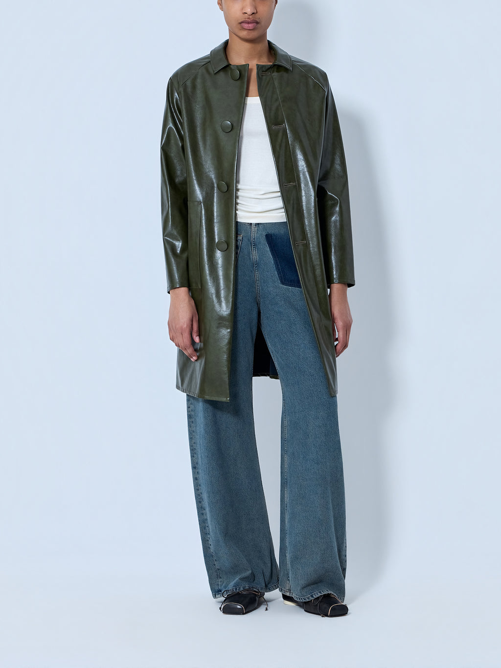 Faux-Leather Button-Up Coat