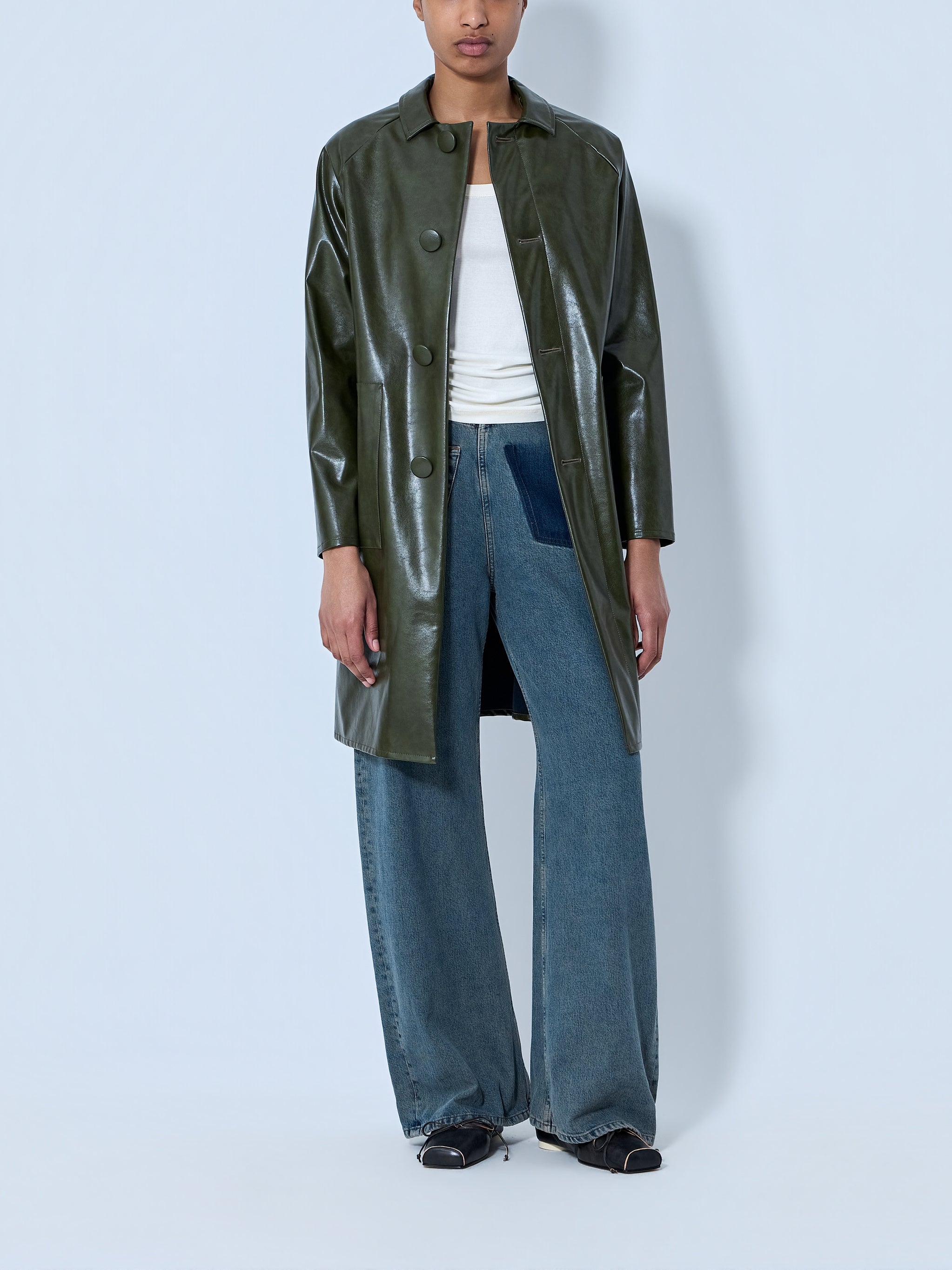 Faux-Leather Button-Up Coat