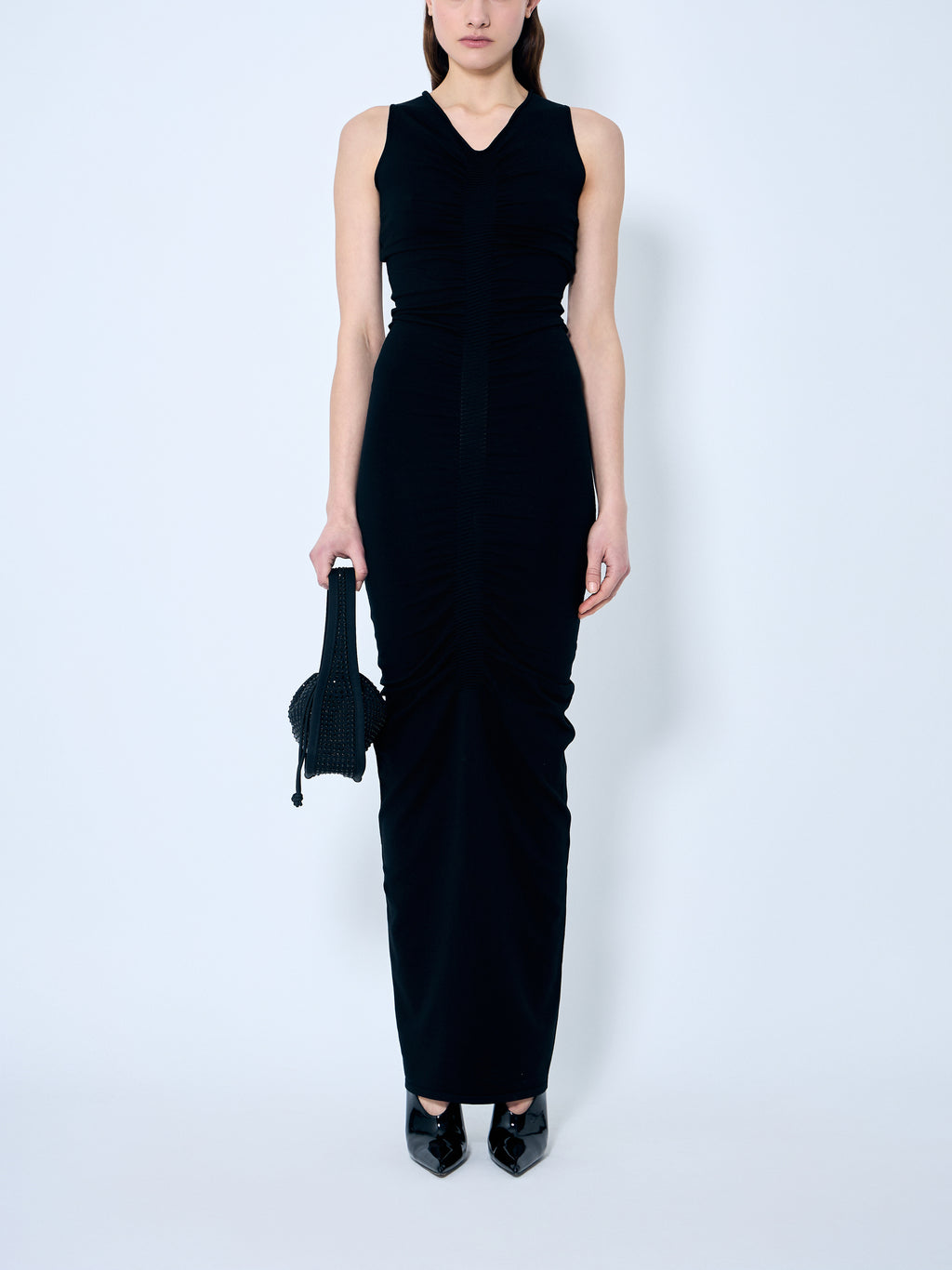 Ruched Wide V Neck Maxi Dress