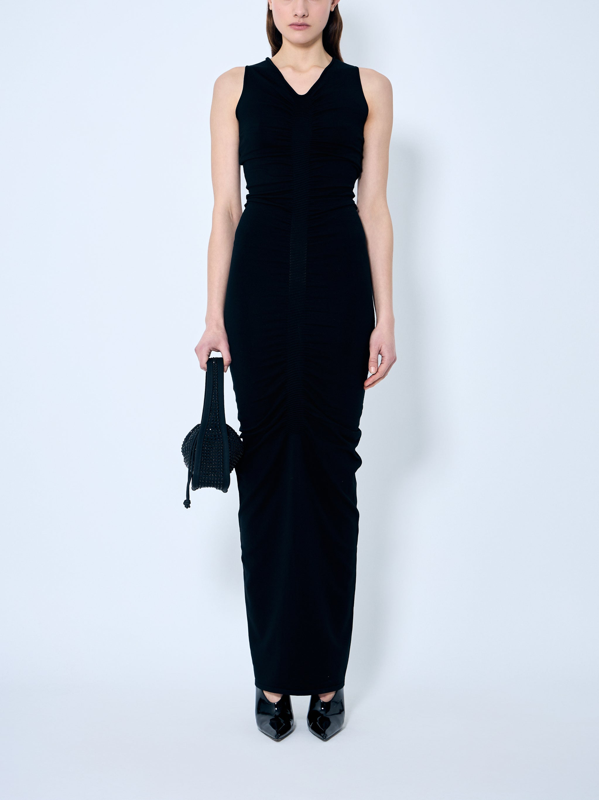 Ruched Wide V Neck Maxi Dress