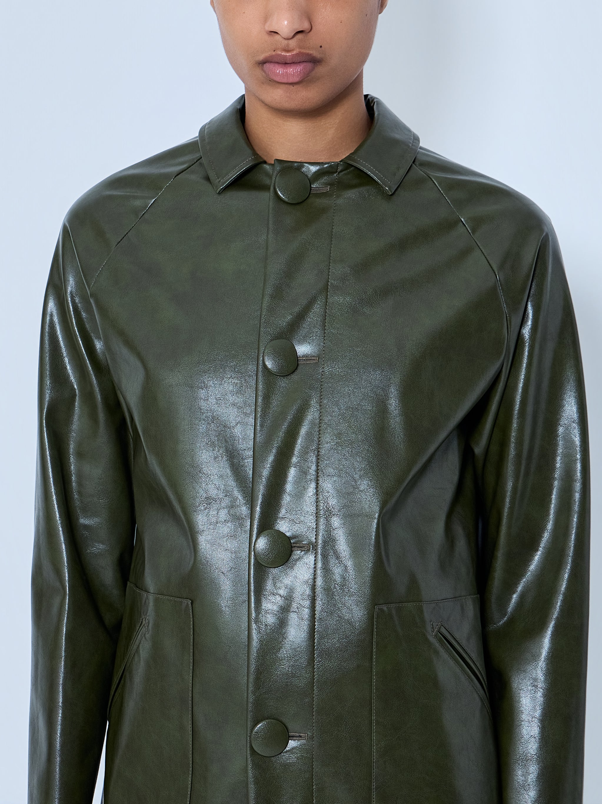 Faux-Leather Button-Up Coat