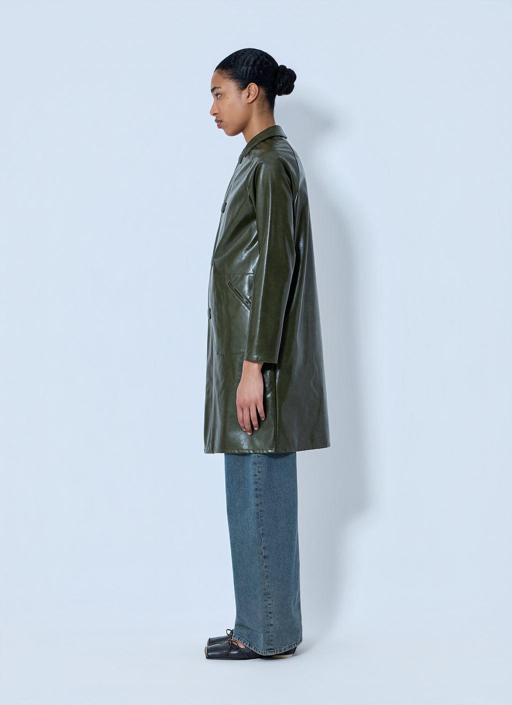 Faux-Leather Button-Up Coat